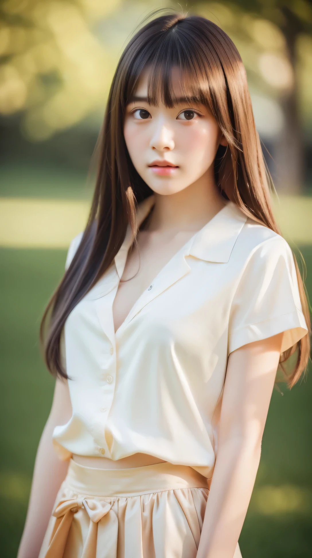 (masterpiece, highest quality, RAW photo, realistic:1.2), 1 girl, look away, sad, beautiful girl, cute, delicate girl, medium hair, written boundary depth, High resolution, Super detailed, detailed, 非常にdetailedな目と顔, realistic student, sharp focus, cinematic lighting, Upper body, bangs, silk shirt, skirt,