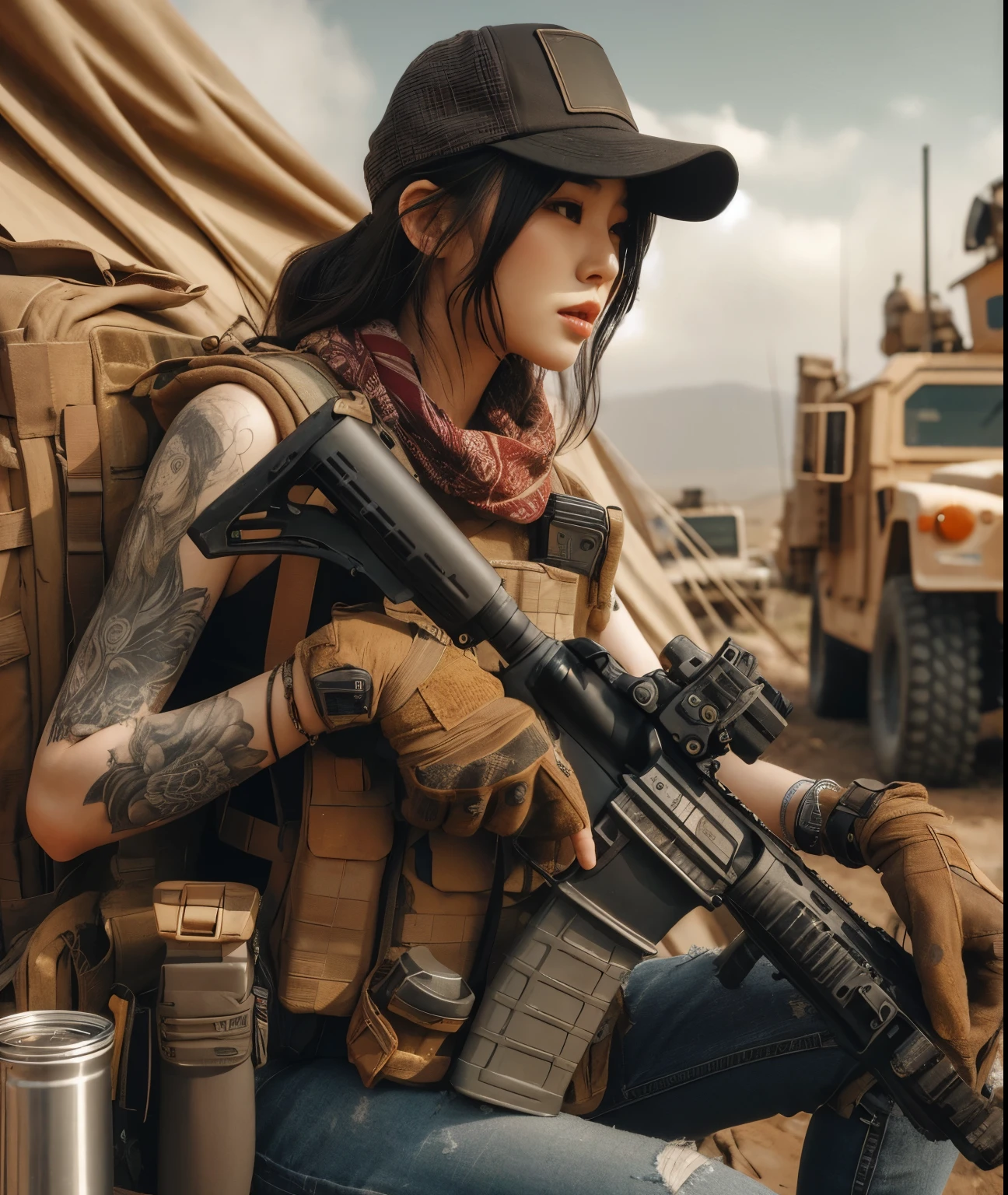 photorealistic、Realistic skin textures、A beautiful Japanese woman belonging to the U.S. military is laughing and talking at a base camp set up in a wasteland.、tent、military vehicle、automatic rifle propped up、bulletproof vest、afghan scarf、baseball cap、Backpack、Heavy equipment、tattoo、boots、、Action poses with movement、