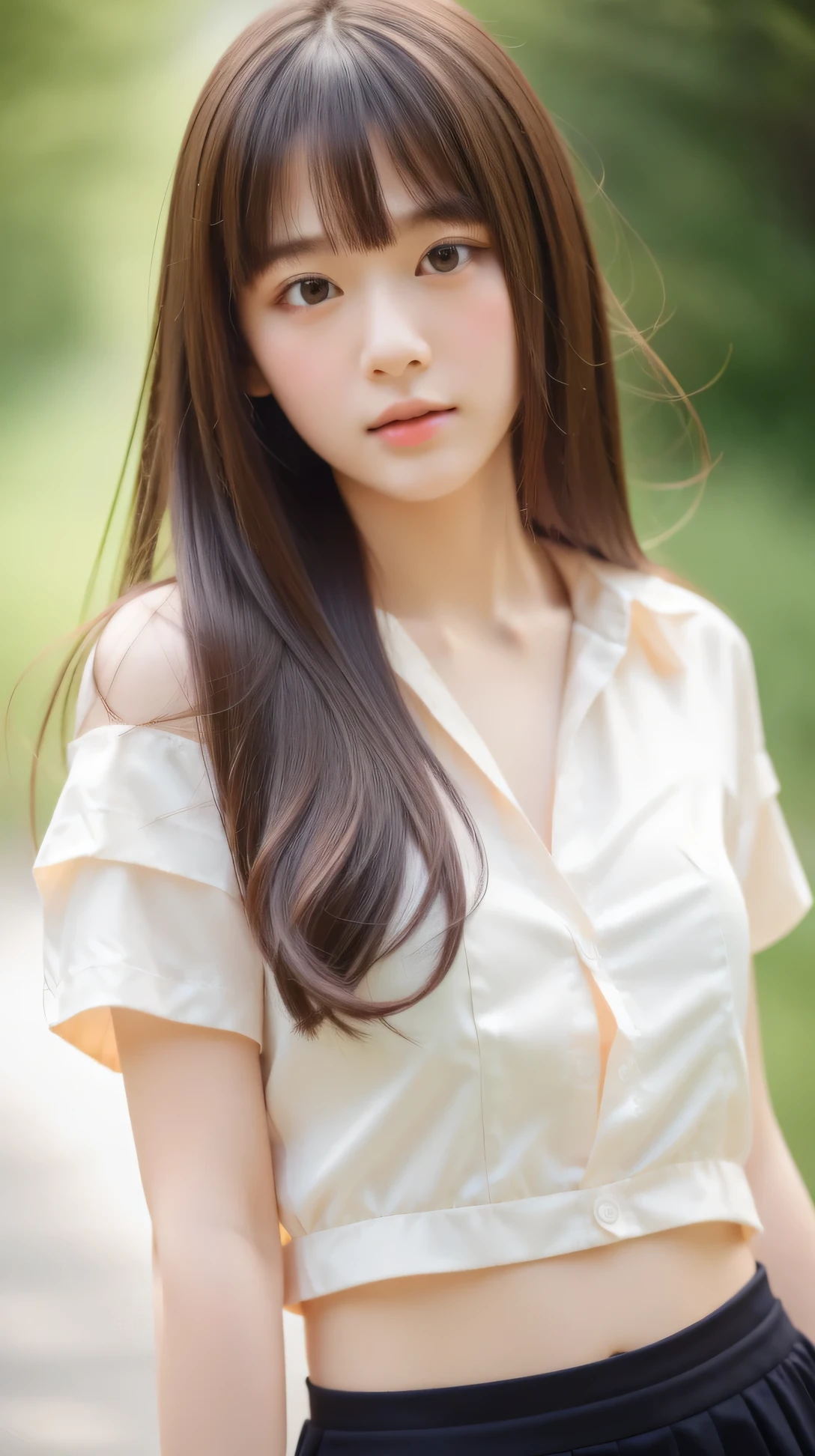 (masterpiece, highest quality, RAW photo, realistic:1.2), 1 girl, look away, sad, beautiful girl, cute, delicate girl, medium hair, written boundary depth, High resolution, Super detailed, detailed, 非常にdetailedな目と顔, realistic student, sharp focus, cinematic lighting, Upper body, bangs, silk shirt, skirt,