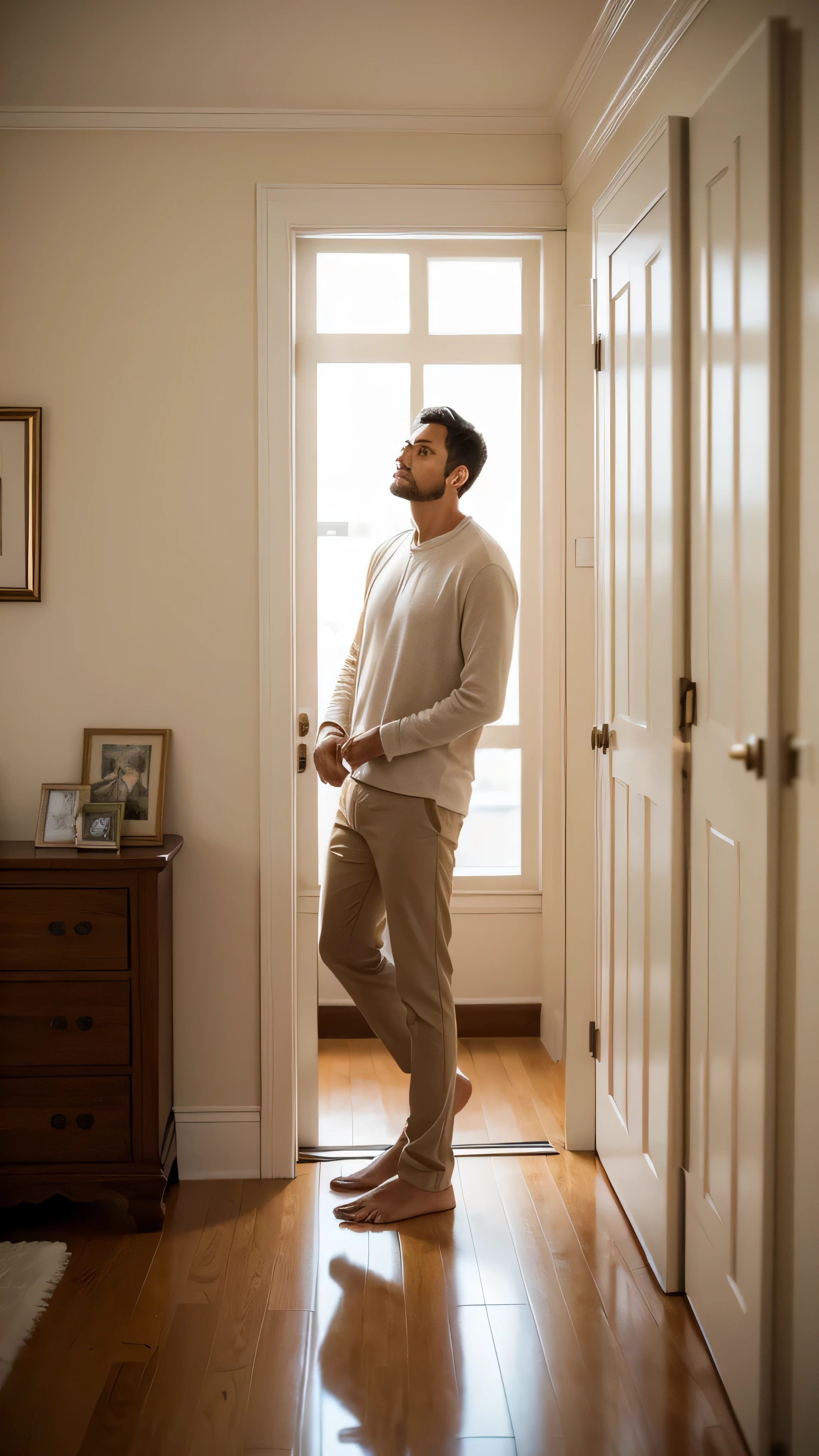 Husband looking around the house, peering into different rooms, with a worried expression.Background: Soft and neutral tones to reflect the anticipation and uncertainty in the air.