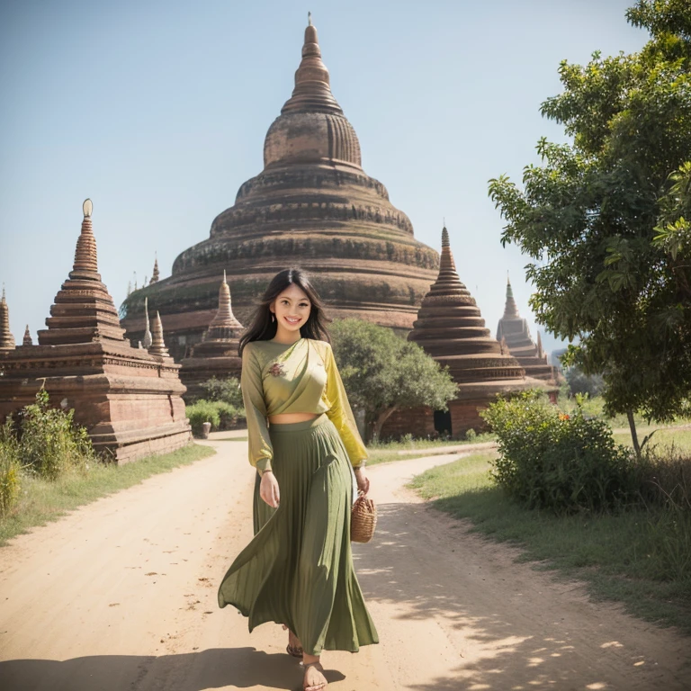 

a beautiful girl with cute dimples, smiling, wearing
burmese dress, walking in Bagan's street, 
ACMM LS OUTFIT, WEARING ACMM TOP OLIVE
GREEN ACMM TOP; LONG SLEEVES, WEARING
ACMM LONG SKIRT, OLIVE GREEN ACMM LONG
SKIRT, PRINTED SKIRT
OUTDOORS, SCENERY, TRADITIONAL MEDIA,
SKY, DAY, PHOTO BACKGROUND, REAL WORLD
LOCATION, ARCHITECTURE, NATURE, RUINS
LANDSCAPE, BAGAN ANCIENT PAGODA
BACKGROUND

