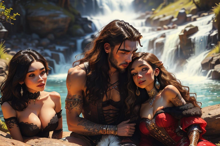 (Handsome short-hair barbarian Chad) cuddling and kissing and grinding with his (three Gothic sexy long haired concubine witches wives bitches) at a beautiful waterfall, feeling true love, feeling pure ecstacy, freckles, Flirtatious, seductive, tattoos, jewelry, racially diverse, masterpiece, wearing fur outfits, fantasy illustration style, magical atmosphere