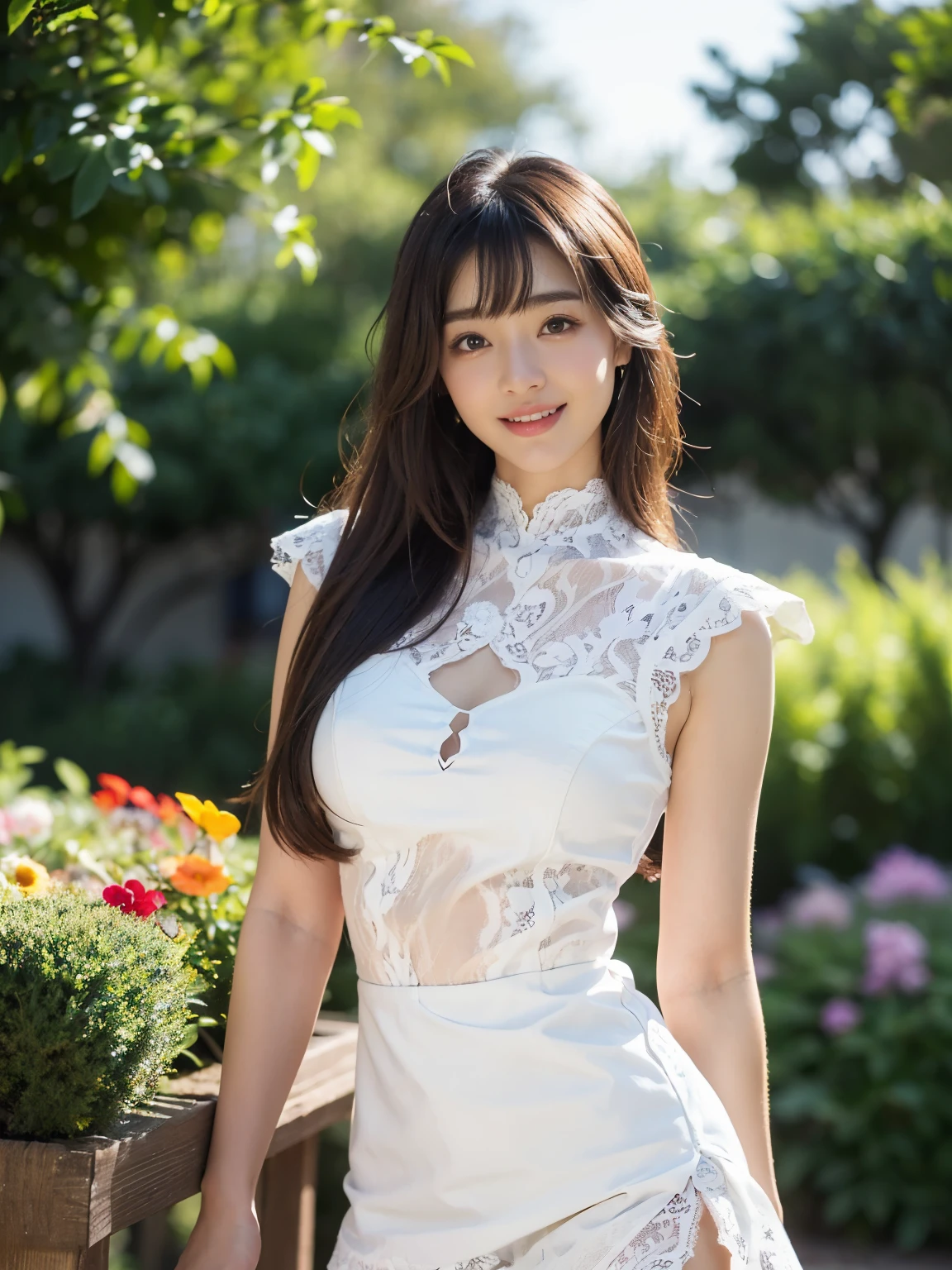 ((((highest quality))))、(((Ultra-precision CG16K wallpaper)))、(((masterpiece)))、(((Super detailed)))、(((super extreme details)))、1people's women、mature woman、25 year old woman、((Japanese face))、((very beautiful face))、((Mana Ashida:1.5))、((straight semi-long hair:1.3))、(shiny hair)、bangs up to eyebrows、beautiful brown hair、beautiful delicate eyes、brown eyes、raised eyebrows、high nose、small nostrils、small mouth、seductive lips、mouth slightly open、beautiful breasts、C cup size breasts、cleavage、plump body、perfect proportions、perfect anatomy、perfect composition、beautiful detailed shading、beautiful natural lighting、beautiful detail glow、Depth of bounds written、(((High chroma)))、(((real:1.9)))、((vivid:1.4))、((beautiful skin))、((skin texture))、((realな皮膚感))、(((cowboy shot:1.5)))、((Angle seen from the front:1.5))、((smile:1.5))、(Eyes looking at me:1.5)、bright sunshine、(((garden:1.3)))、(standing pose:1.5)、(((White lace miniskirt dress:1.5)))、
