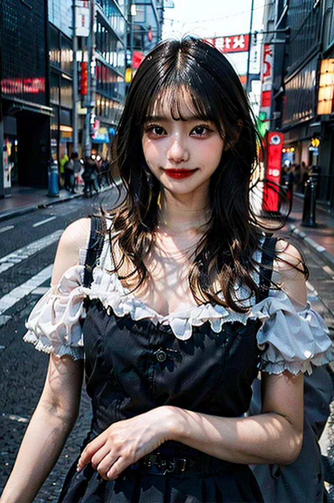 best quality, masterpiece, ultra high res, 8K, raw, (photo realistic:1.4), sharp focus, 1 girl, (detailed background:1.5), (tokyo street:1.3), full body, medium built, dynamic pose, cute,18yo, evil smile, big black eyes, medium breasts, (blonde hair, short hair:1.3), detailed clothes