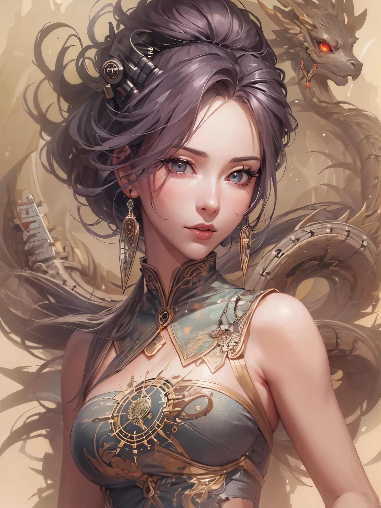 ((highest quality)),(ultra high resolution),(Super detailed),(detailed description),((best CG)),(best work of art),super precision art,great drawing art,(Fantasy art with precise details:1.5), (1 woman:1.5),(beautiful and well-shaped face:1.5),toned back:1.5,faint smile:1.6,backless cheongsam 1.7,rising dragon tattoo on back:1.8, ((buckshot:1.7))