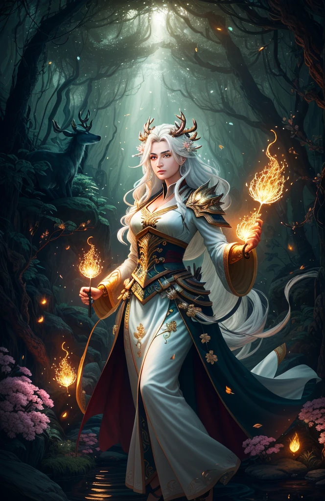 Masterpiece, best quality, (very detailed CG unified 8k wallpaper), (best quality), (best illustration), (best shadow), close-up of a woman with white hair and white mask, beautiful figure painting, Guvitz, Guvitz-style artwork, white-haired god, Yang J, epic exquisite character art, amazing character art, Fan Qi, Wu Jun Shifan, Guviz in pixiv art station, glowing elf, with a glowing deer, drinking water in the pool, Natural elements in forest theme. Mysterious forest, beautiful forest, nature, surrounded by flowers, delicate leaves and branches surrounded by fireflies (natural elements), (jungle theme), (leaves), (branches), (fireflies), (particle effects) and other 3D, Octane rendering, ray tracing, super detailed
