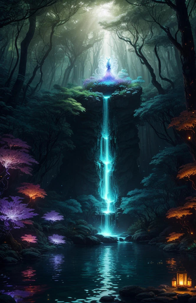 Masterpiece, best quality, (very detailed CG unified 8k wallpaper), (best quality), (best illustration), (best shadow), close-up of a woman with white hair and white mask, beautiful figure painting, Guvitz, Guvitz-style artwork, white-haired god, Yang J, epic exquisite character art, amazing character art, Fan Qi, Wu Jun Shifan, Guviz in pixiv art station, glowing elf, with a glowing deer, drinking water in the pool, Natural elements in forest theme. Mysterious forest, beautiful forest, nature, surrounded by flowers, delicate leaves and branches surrounded by fireflies (natural elements), (jungle theme), (leaves), (branches), (fireflies), (particle effects) and other 3D, Octane rendering, ray tracing, super detailed