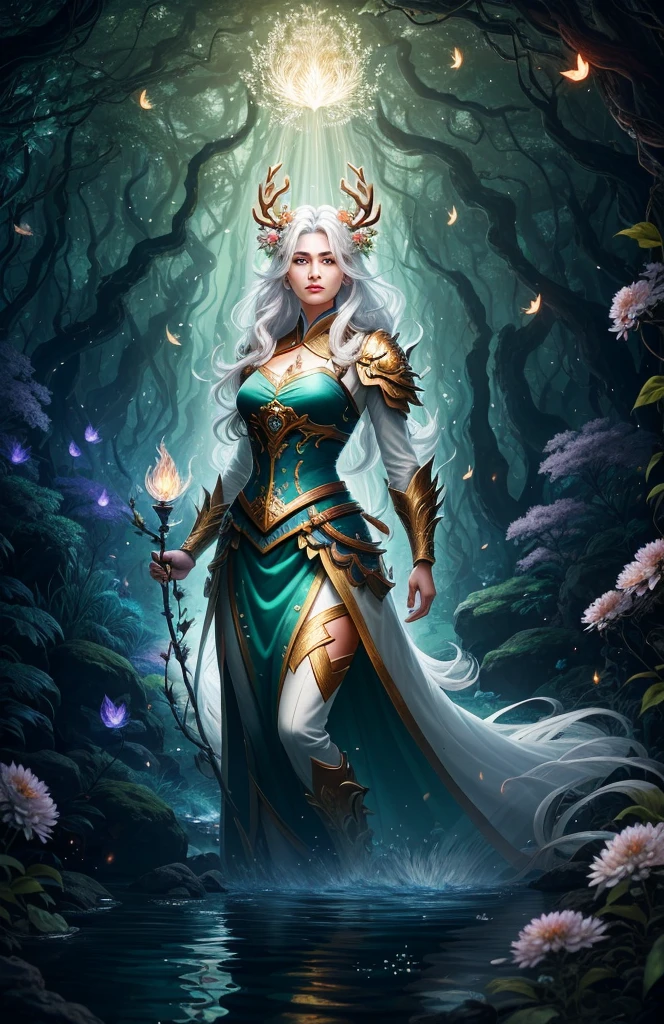 Masterpiece, best quality, (very detailed CG unified 8k wallpaper), (best quality), (best illustration), (best shadow), close-up of a woman with white hair and white mask, beautiful figure painting, Guvitz, Guvitz-style artwork, white-haired god, Yang J, epic exquisite character art, amazing character art, Fan Qi, Wu Jun Shifan, Guviz in pixiv art station, glowing elf, with a glowing deer, drinking water in the pool, Natural elements in forest theme. Mysterious forest, beautiful forest, nature, surrounded by flowers, delicate leaves and branches surrounded by fireflies (natural elements), (jungle theme), (leaves), (branches), (fireflies), (particle effects) and other 3D, Octane rendering, ray tracing, super detailed