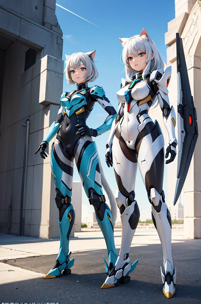 (((full body photo))), (masterpiece), best quality, high resolution, highly detailed, detailed background, perfect lighting, lens flare, mecha, 1girl medium hair white hair, cat ears, aqua eyes, mecha musume, mecha, mecha clothing, mecha armor, tight bodysuit,