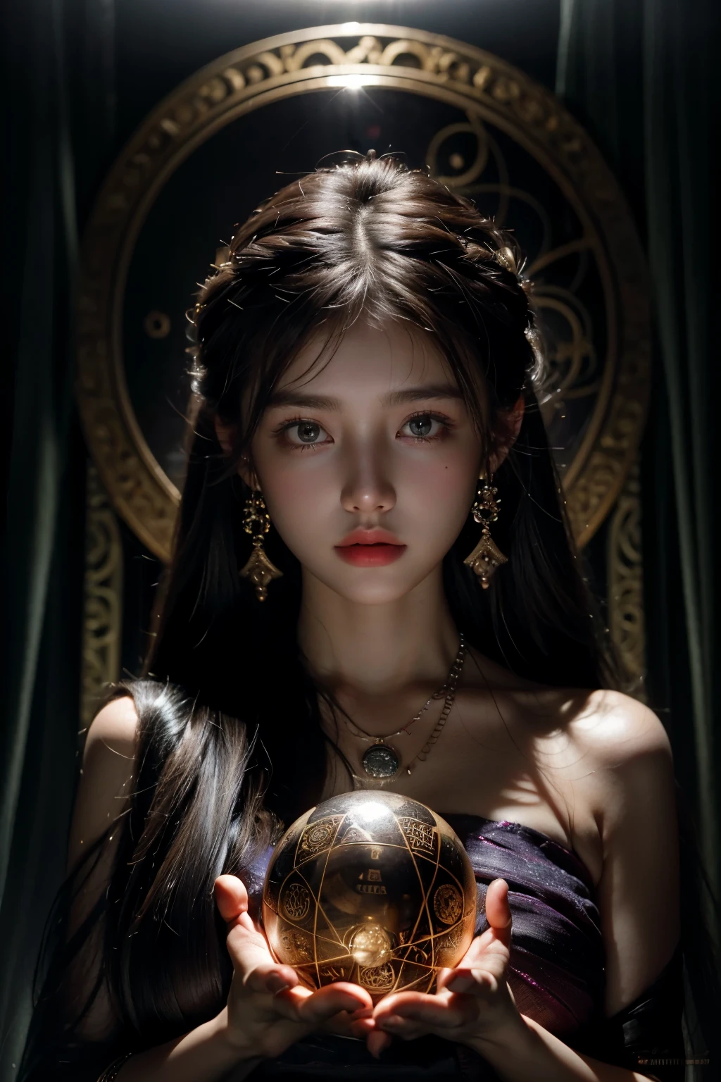 1 girl, (looking at the viewer:1.2), details face, (Lending at CG Society, Black Shadow, streaming, ), romanticism, in the atmosphere, (RAW photo, highest quality), (realistic, photo-realistic:1.3), masterpiece, very delicate and beautiful, very detailed,(best quality,highres),mysterious and goddess-like fortune teller, surrounded by swirling lights and shadows in a room that resembles the vastness of the universe. She wears multiple layers of circlets and necklaces, with her hands gently hovering over a large crystal ball. The room is filled with various divination tools and mystical symbols.