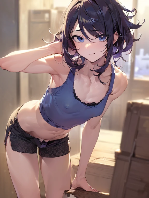 (((((ultra-detailed, disheveled hair, beautiful detailed eyes, beautiful, amazing, detailed eyes, perfect hands, masterpiece, best quality))))), (first_person_view), solo_focus, nsfw, shiny skin, ((pov)), break,                                         
(((1cutemales, adult))), solo, hetero, (((short stature))), Thick thighs, ((medium short layered hair, blue eyes)), orgasm, loves smile, Estrus face, dynamic pose, break,                                                                                     
((outfit, tank top, shorts)), ((bulge)), ((puffy nipple bulge, small penis bulge, small testicles bulge, femboy bulge)), (Body line is emphasized), break,　　　　　　　　　　　　　　　　　　 location, indoors, 
