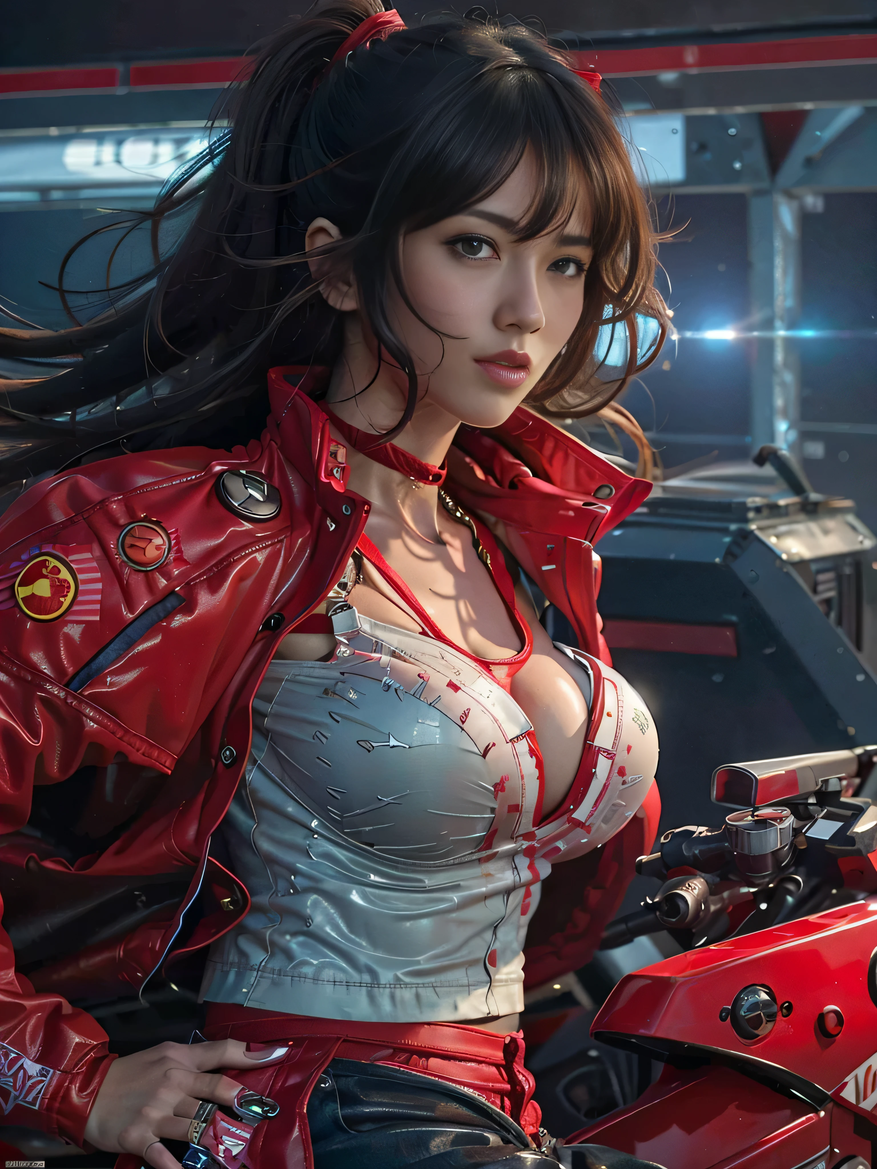 official art, highest quality, masterpiece, (Photoreal:1.4), ((RAW image quality:1.4)), ((Super realistic details)), portrait, global illumination, Shadow, octane rendering, 8K,  Asuka, Eva 02, 1 girl, , black hair, (long hair fluttering in the wind), Detailed facial depiction, Almond-shaped sky blue eyes, long eyelashes, glossy lips, Tsundere and playful look, (Red low-rise leather pants), (Pure White Cropped T-Shirt:1.4), (Underbust exposure), (Red Down Jacket:1.1), big breasts thin waist, (1 Akira Bike Red:1.4), night, Cyberpunk City View,