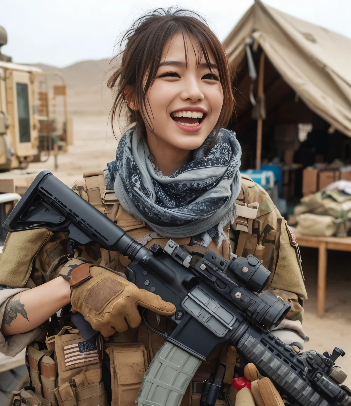 photorealistic、Realistic skin textures、A beautiful Japanese woman belonging to the U.S. military is laughing and talking at a base camp set up in a wasteland.、tent、military vehicle、automatic rifle propped up、bulletproof vest、afghan scarf、baseball cap、Backpack、Heavy equipment、tattoo、boots、、Action poses with movement、