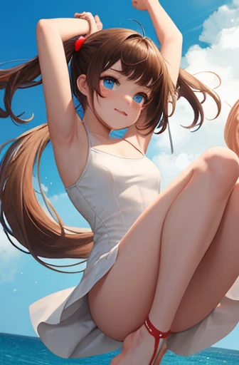 big jump in strong wind, She lifts up the under hem of her beige or white plain One-piece dress, leaning over, Climax, get ecstasy, masterpiece, very short pigtails,brown hair, Hair tie with two big red clothespins, mature, Female robot, android, blue eyes, full body figure, Height: 160cm, flushed cheeks, 2020s anime picture, missionary angle, A beautiful robot with short brown hair in two short pigtails held up by two very large huge red clothespins, Uplifting, No NSFW, whole body, barefoot, masturbate, Laughter, archaic smile, jumping orgasm, 25 years old, little bust, character sheet