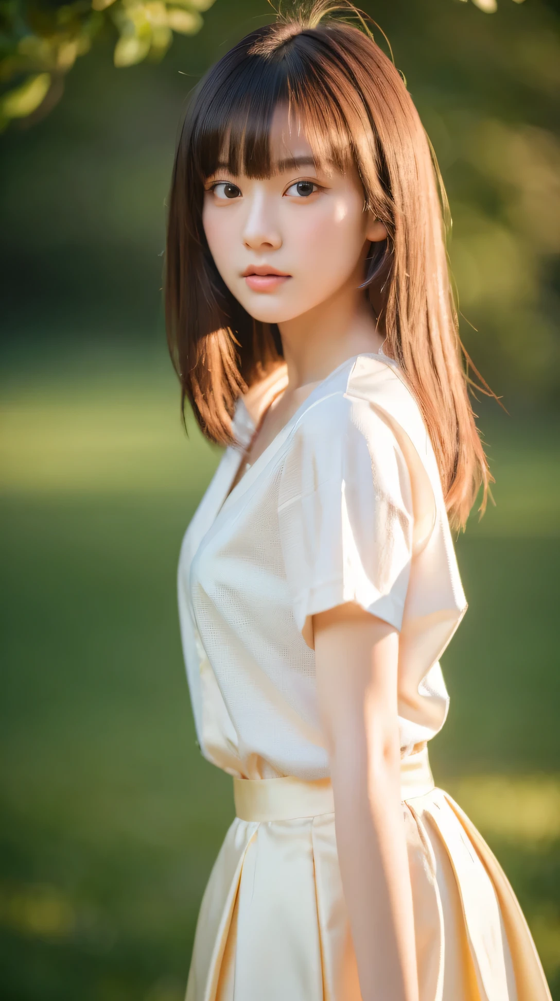 (masterpiece, highest quality, RAW photo, realistic:1.2), 1 girl, look away, sad, beautiful girl, cute, delicate girl, medium hair, written boundary depth, High resolution, Super detailed, detailed, 非常にdetailedな目と顔, realistic student, sharp focus, cinematic lighting, Upper body, bangs, silk shirt, skirt,