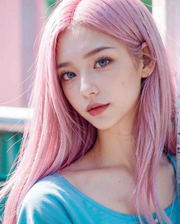 young woman, long bubblegum pink hair, wide forehead, pink eyebrows, big emerald green eyes, buttoned nose, thick lips, heart shaped face, red clothes, Sakura Haruno, realism, realistic, real, 3d, well detailed