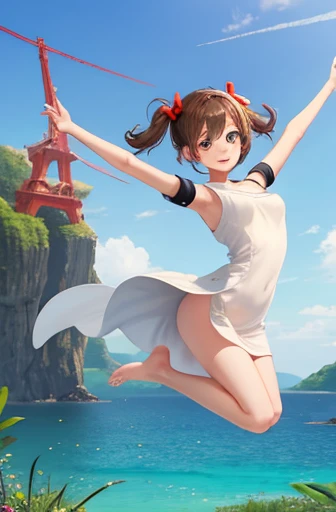 big jump in strong wind, She lifts up the under hem of her beige or white plain One-piece dress, leaning over, Climax, get ecstasy, masterpiece, very short pigtails,brown hair, Hair tie with two big red clothespins, mature, Female robot, android, blue eyes, full body figure, Height: 160cm, flushed cheeks, 2020s anime picture, missionary angle, A beautiful robot with short brown hair in two short pigtails held up by two very large huge red clothespins, Uplifting, No NSFW, whole body, barefoot, masturbate, Laughter, archaic smile, jumping orgasm, 25 years old, little bust, character sheet