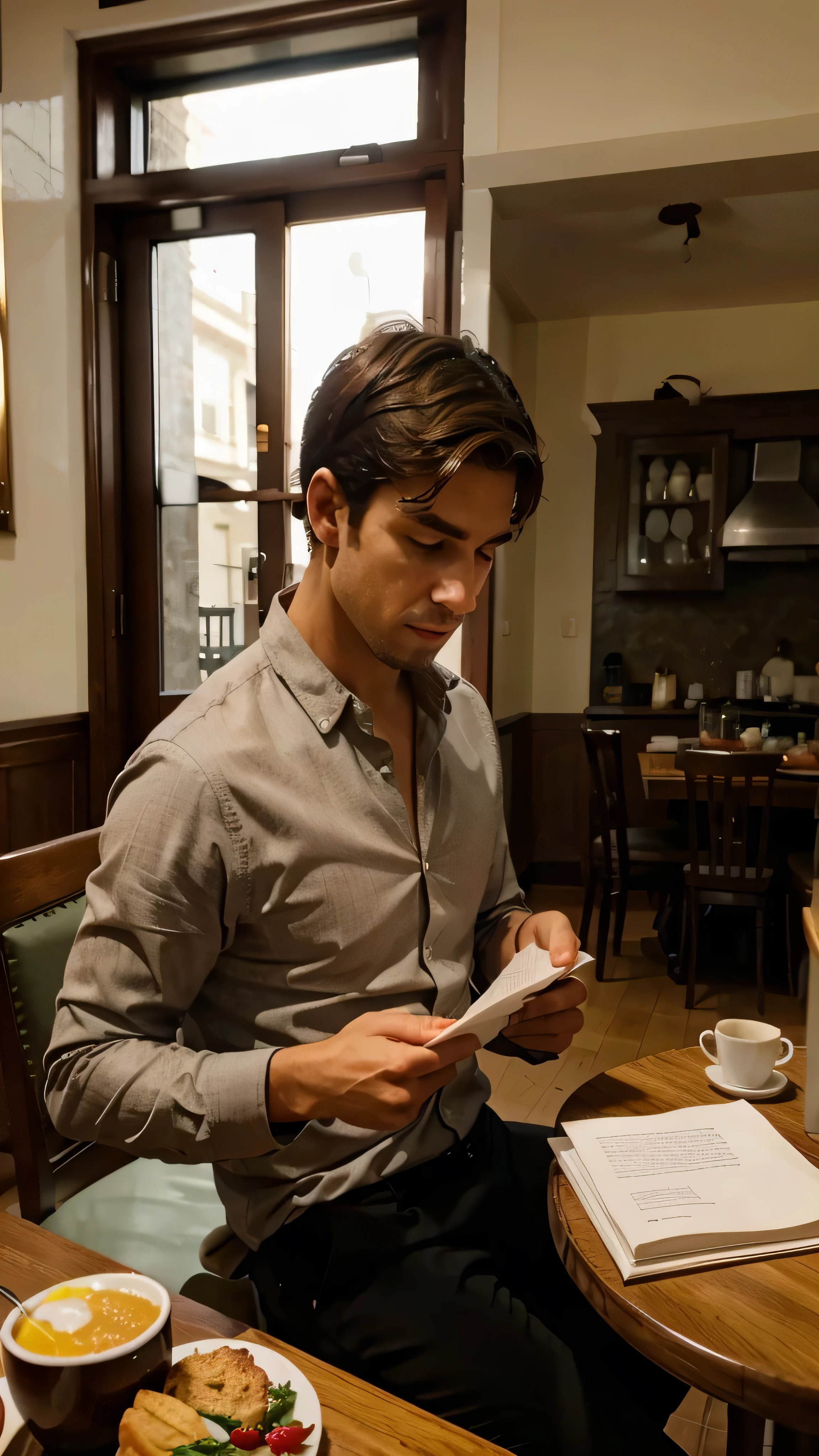 A man reading a letter in dining room in front of his breakfast