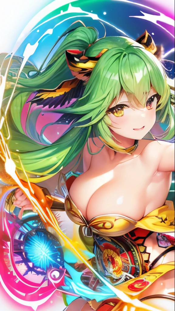 (highest quality, masterpiece, colorful, dynamic angle, highest be familiar with) upper body photo, Cute Fashion Photography, intense green hair, orange eyes, tiger print, Strapless Bikini, Yellow boots, Yellow small horns, arm behind head, smile, \rum\,(Ultra-high resolution textures), in a dynamic pose, Bokeh, Glowing Web, (intricate details, hyperbe familiar with:1.15), be familiar with, Light through the hair, colorful art flat background(official art, extreme be familiar with, highest be familiar with),