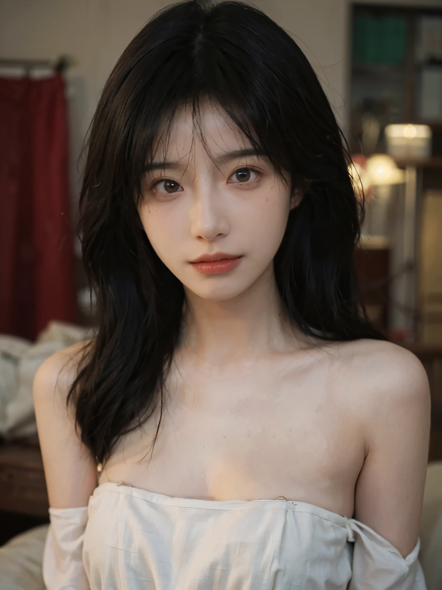 Film portrait photography, 1 girl, bare shoulders, Shoulder length wavy hair,cute, serene, calm, (Realistic and detailed eyes, natural skin texture, Realistic facial details), Soft dramatic lighting, depth of field, Bokeh, Vibrant details, detailed meticulous, hyper-realistic, 35mm film, hazy, ,