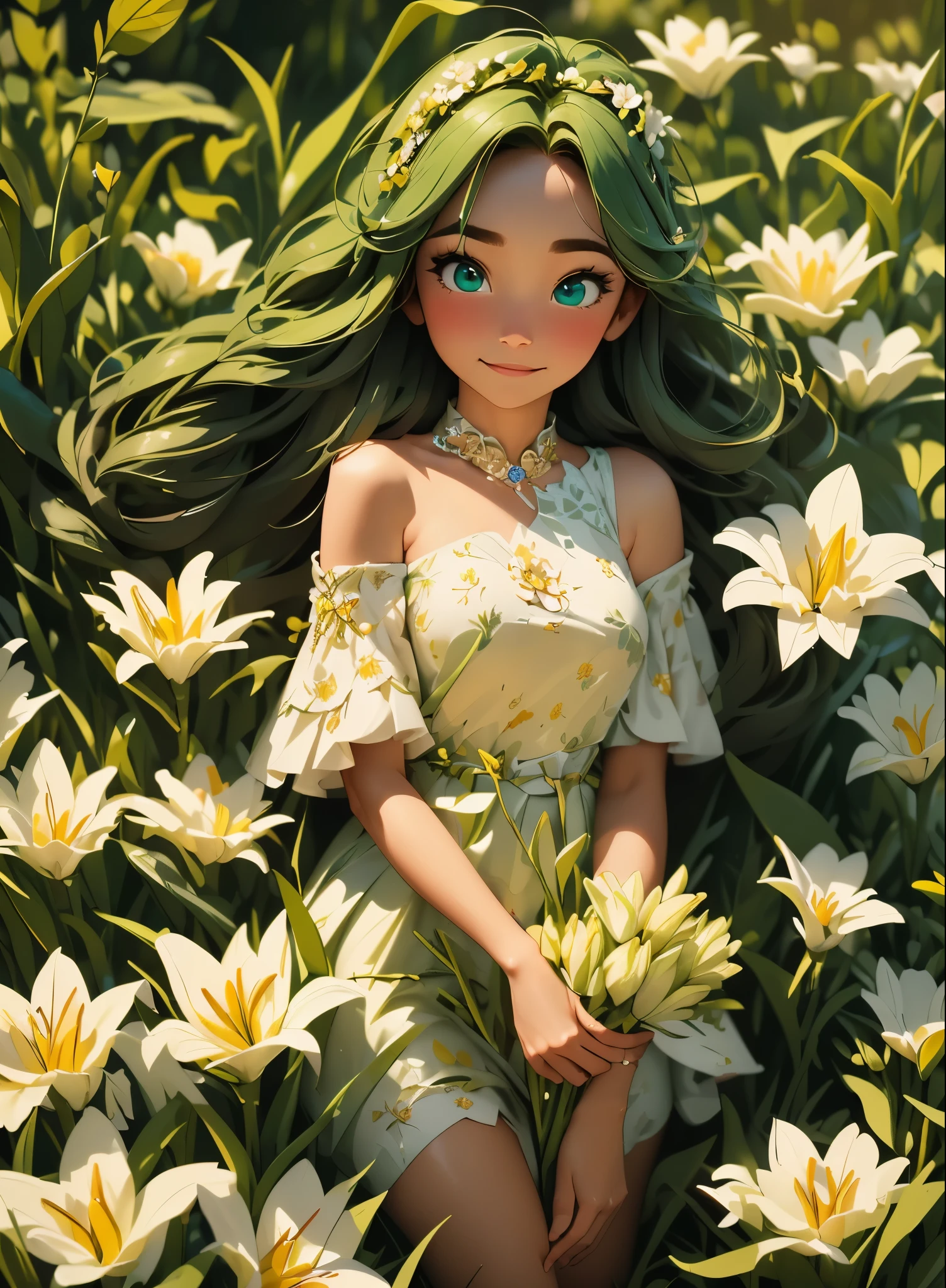 (masterpiece), (highest quality), ultra high resolution, sharp focus, ((1 female, alone)), Upper body, dutch angle, beautiful fine hair, chestnut hair, long hair falls, beautiful detailed face, ((Beautifully shaped eyes, green eyes)), perfect feminine face, look at the audience, smile, Feminine light coordination, In the meadow of lilies flowers, sitting on the ground