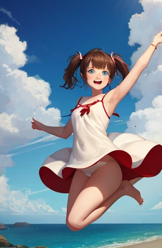 big jump in strong wind, She lifts up the under hem of her beige or white plain One-piece dress, leaning over, Climax, get ecstasy, masterpiece, very short pigtails,brown hair, Hair tie with two big red clothespins, mature, Female robot, android, blue eyes, full body figure, Height: 160cm, flushed cheeks, 2020s anime picture, missionary angle, A beautiful robot with short brown hair in two short pigtails held up by two very large huge red clothespins, Uplifting, No NSFW, whole body, barefoot, masturbate, Laughter, archaic smile, jumping orgasm, 25 years old, little bust, character sheet