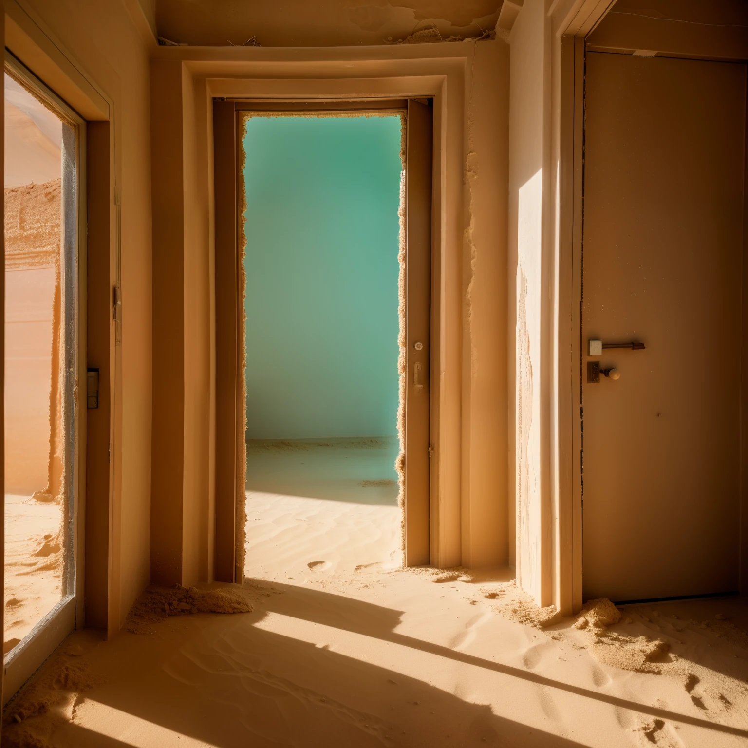 doorway leading to a room with sand and dirt on the floor, surreal abandoned buildings, abandoned in a desert, falling sand inside, doors that are cosmic portals, abandoned places, full of sand and dust, portal to another world, sand - colored walls, doorways, abandoned spaces, surreal scene, somewhere in sands of the desert, national geographic photo”, abandoned, realistic, high definition high quality .