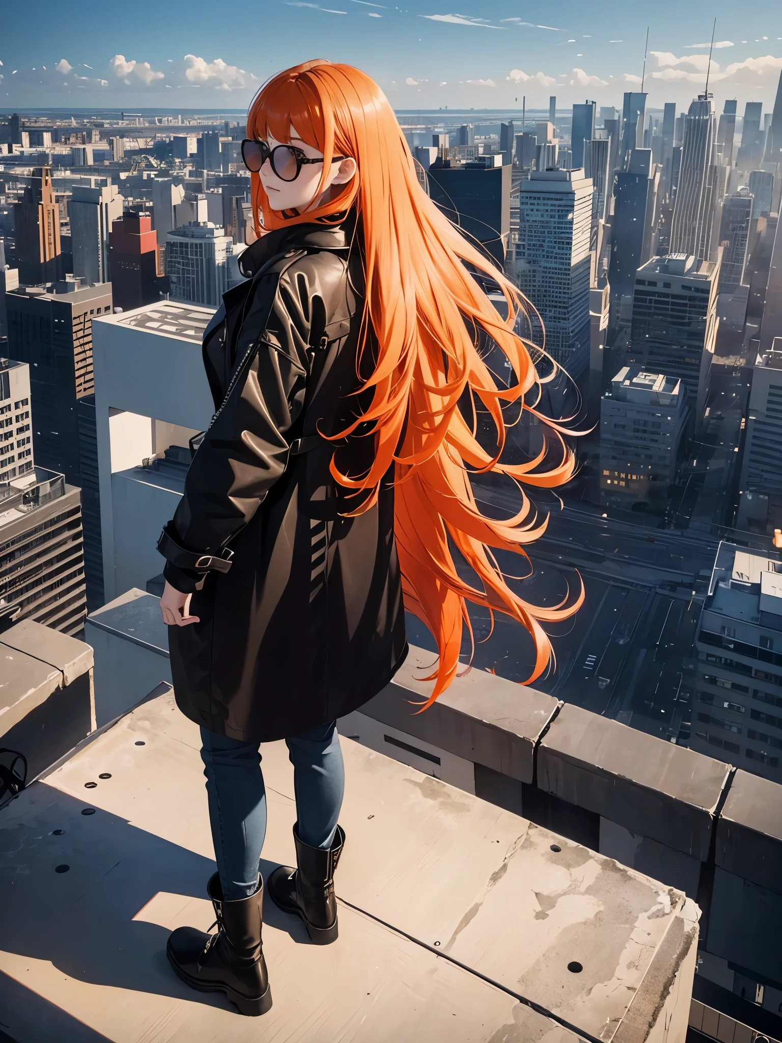1 girl around 18 years old, long orange hair, (modern long black winter coat), jeans, black chelsea boots, modern city, on the edge of the roof of a skyscaper, (daylight), (rounded smallbody suglasses), ((back shot)), low angle, volumetric light, 8k, best quality, sharp, detailed