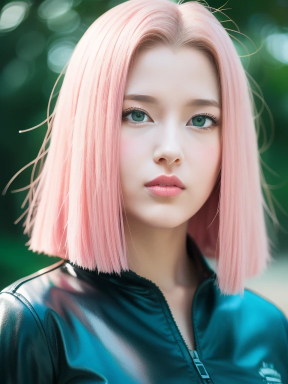 young woman, long bubblegum pink hair, wide forehead, pink eyebrows, big emerald green eyes, buttoned nose, thick lips, heart shaped face, red clothes, Sakura Haruno, realism, realistic, real, 3d, well detailed
