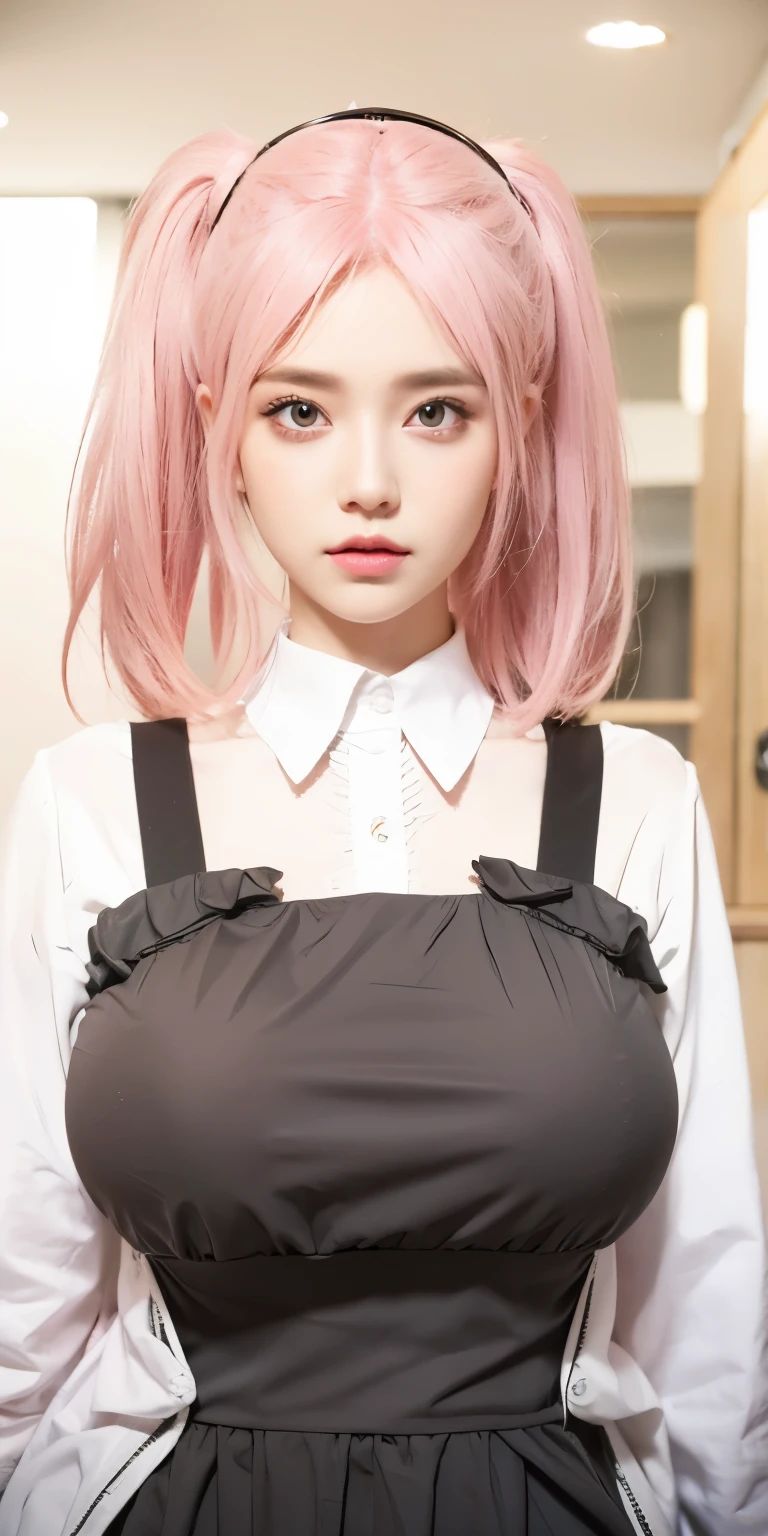 1girl,big breast, pink hair, pink eyes,high quality, ultra detailed, masterpiece, realistic, clothes