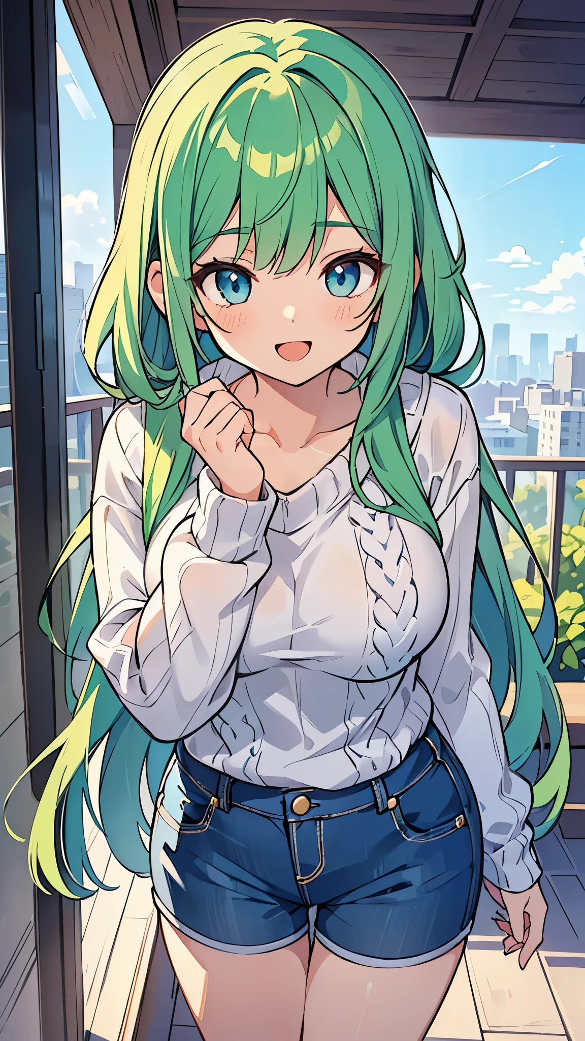 ((A Pretty girl with green hair and blue eyes)), ((Wearing knit sweater and hot pants)), , ((master piece, top-quality, ultra-definition, high resolution)), anime girl, ((ultra-detailed illust:1.2)), only one person, bangs, hair between eye, beautiful hair, Shiny eyes, Medium breasts, leaning forward posture, Big smile, opened mouth, cityscape