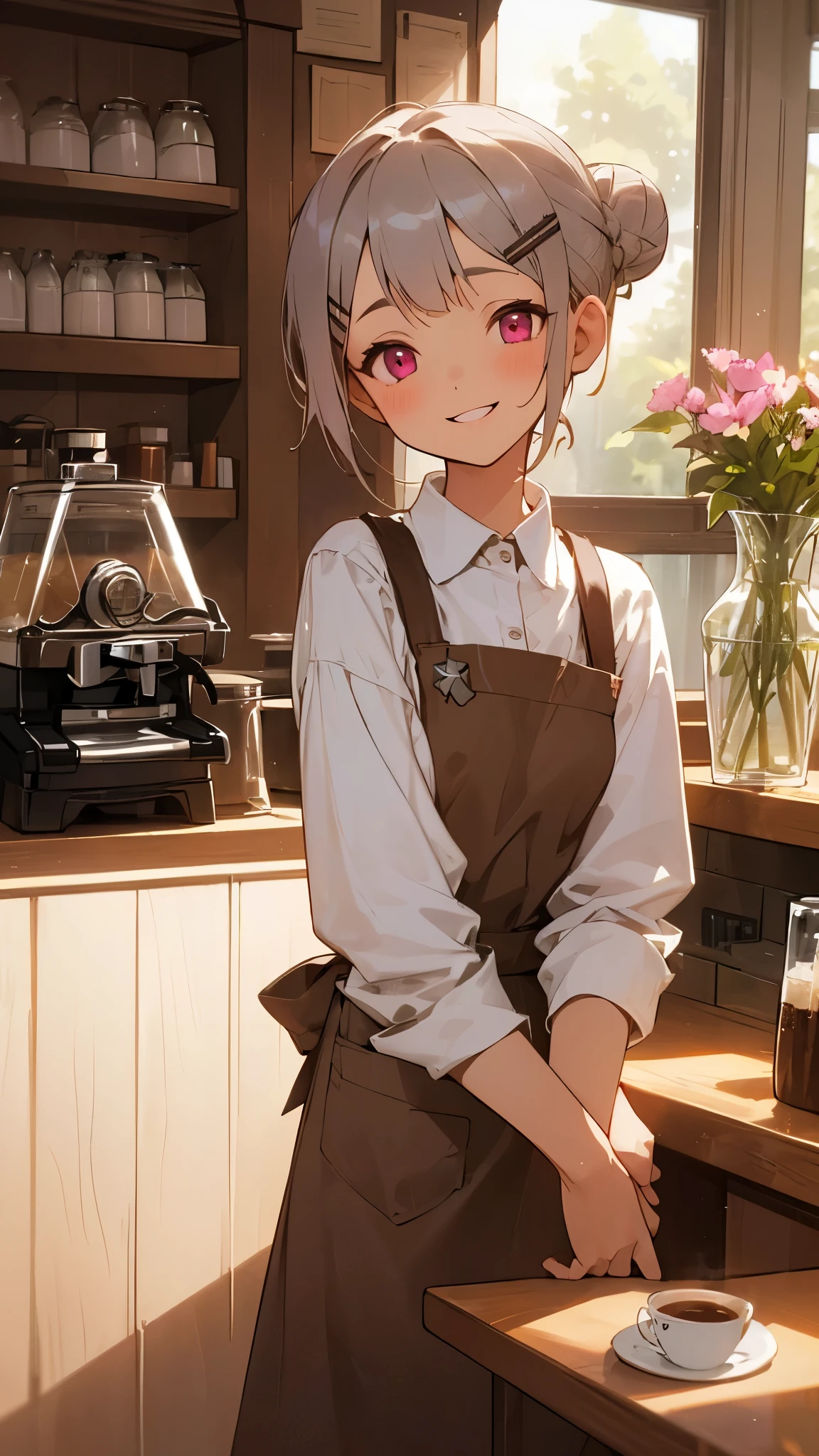 (muste piece)、highest quality、girl working at a coffee shop、Brown apron、Coffee shop seen from the inside、Short hairstyles for silver hair and bob、Bun hair with hair clip、pink eyes、smile、laughter、comfortable、(noon)、flowers in a vase、Warm colors、table chair、 (relaxed atmosphere)、white shirt、barista