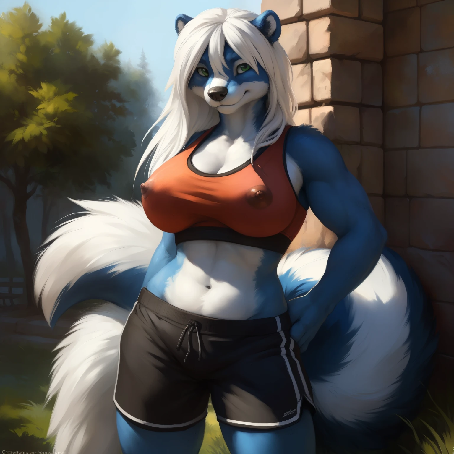 front view, close up view, third person view, stone wall, a beautiful and detailed portrait of a huge female feral mephitid, skunk, nipples, buff, tail, kenket, Ross Tran,ruan jia, trending on artstation,foxovh, cenematic lighting, vip, body, full body, lookin at viewer, standing, (((park)) sad, blush, , big breaths, big big (((red sports bra, black shorts))), (((blue body, white skin, long hair, white hair))), front view, green eyes,