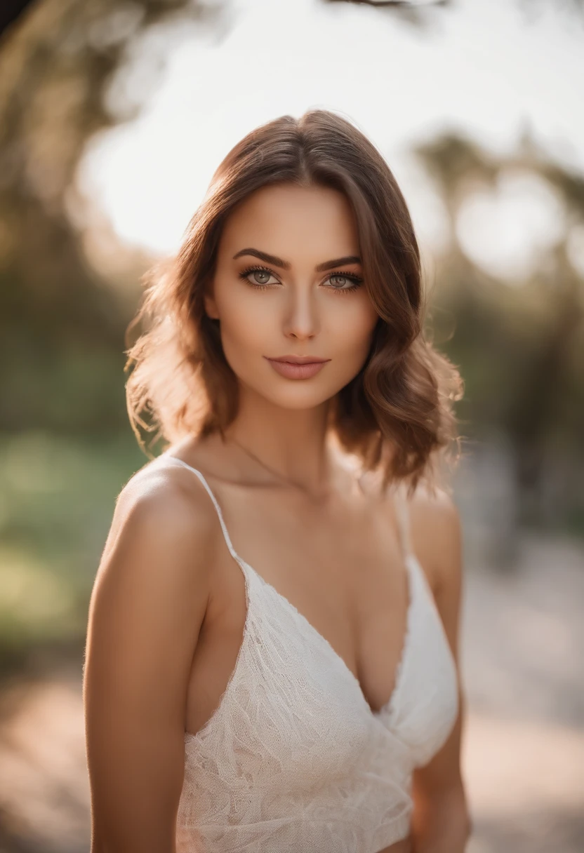arafed woman with a white bra and a necklace, sexy girl with green eyes, portrait sophie mudd, brown hair and large eyes, selfie of a young woman, bedroom eyes, violet myers, without makeup, natural makeup, looking directly at the camera, face with artgram, subtle makeup, stunning full body shot, piercing green eyes,completely naked show her, at the park