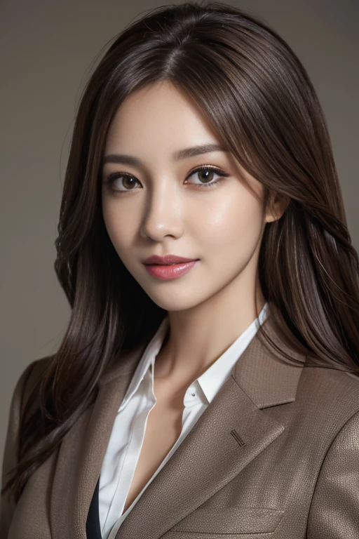 table top, highest quality, realistic, super detailed, finely, High resolution, 8k wallpaper, 1 beautiful woman,, light brown messy hair, wearing a business suit, sharp focus, perfect dynamic composition, beautiful and fine eyes, fine hair, Detailed realistic skin texture, smile, close-up portrait, model body shape
