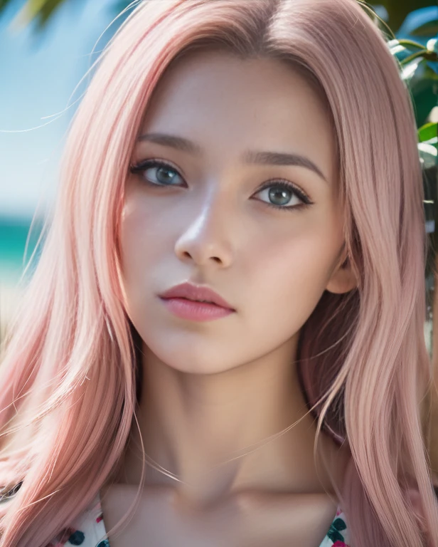 young woman, long bubblegum pink hair, wide forehead, pink eyebrows, big emerald green eyes, buttoned nose, thick lips, heart shaped face, red clothes, Sakura Haruno, realism, realistic, real, 3d, well detailed