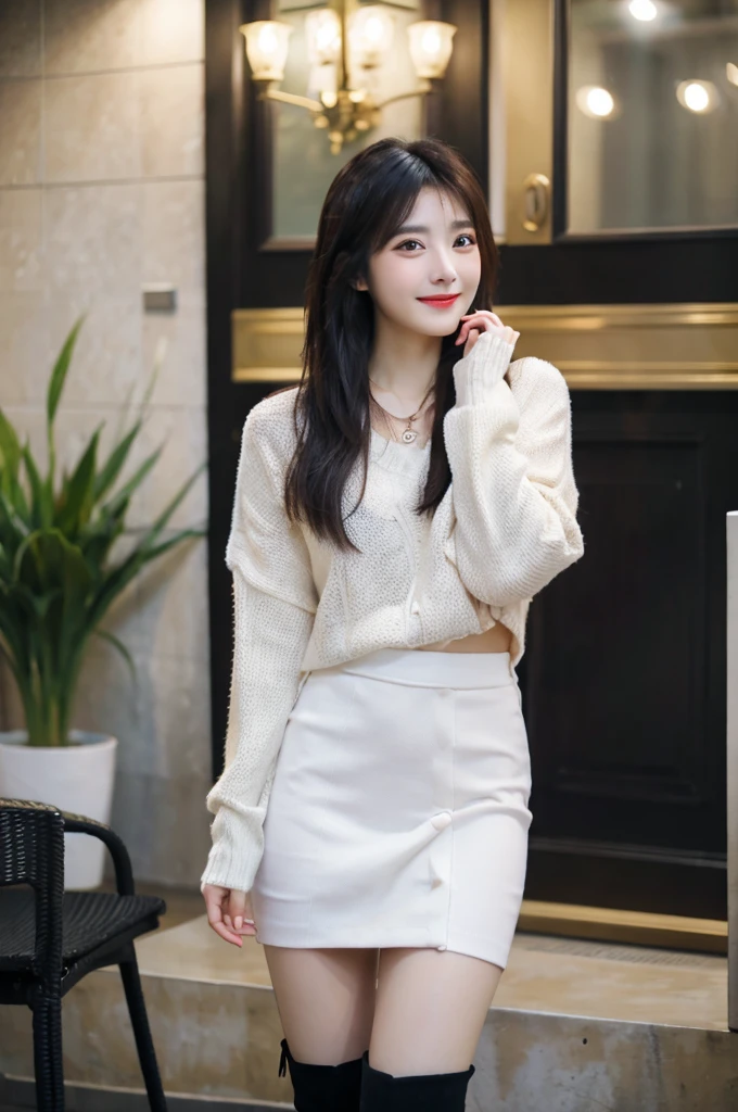 Super high quality, super high definition, super detailed, masterpiece, 25 years old, female, cute, nice body, white knit sweater, winter clothes, long skirt, necklace, bracelet, knee-high socks, boots, double eyelids, tear bags, fingers. Detailed, photo-like description, indoors, dim indoor lighting, black hair, short bob, standing, whole body, composition that shows the whole body, smiling, very cute