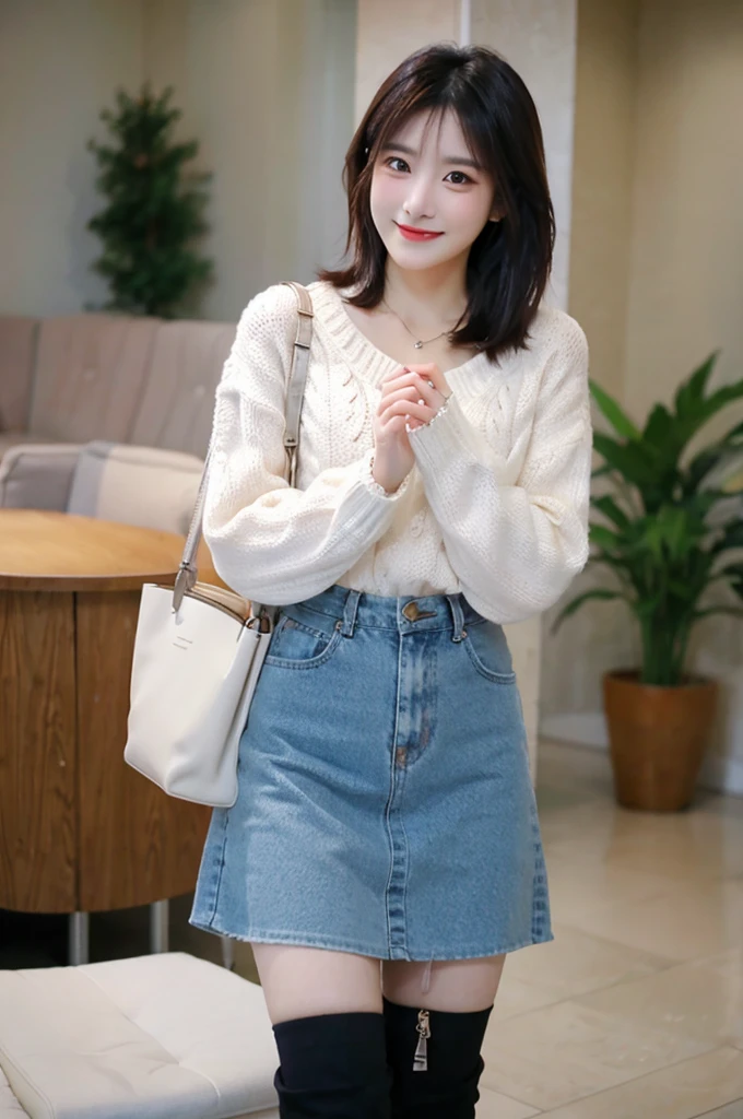 Super high quality, super high definition, super detailed, masterpiece, 25 years old, female, cute, nice body, white knit sweater, winter clothes, long skirt, necklace, bracelet, knee-high socks, boots, double eyelids, tear bags, fingers. Detailed, photo-like description, indoors, dim indoor lighting, black hair, short bob, standing, whole body, composition that shows the whole body, smiling, very cute