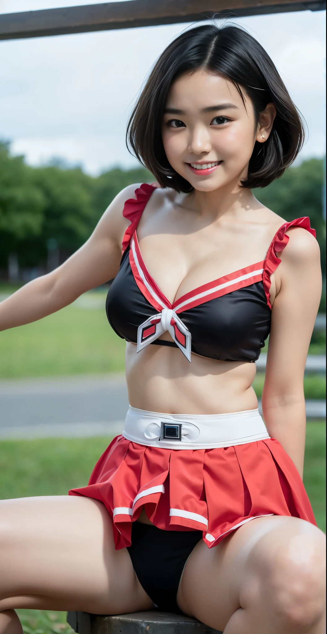 (8K、Raw photography、highest quality、masterpiece:1.2),(black haired、very short hair:1.7),show viewer,Looking at the front,erotic,white skin,(super sentai series、precure series costumes:1.6)、(Clothing that emphasizes the shape of your chest:1.4)、exposing one's skin、(big breasts :1.4)、slim body shape、ultra high resolution,beautiful,beautiful fece,(alone, alone、no background:1.9),whole bodyボディー,japanese woman,(Photoreal:1.37)、photon mapping,reality、(Cute with a : 1.1)、(cute smile: 1.7)、(With a round face: 1.8)、radio city、Physically based rendering、depth of field rally background、photograph, (I can see your knees,close up of thighs、skirt is too short、spread your legs、show off panties:1.4),whole body、super fine