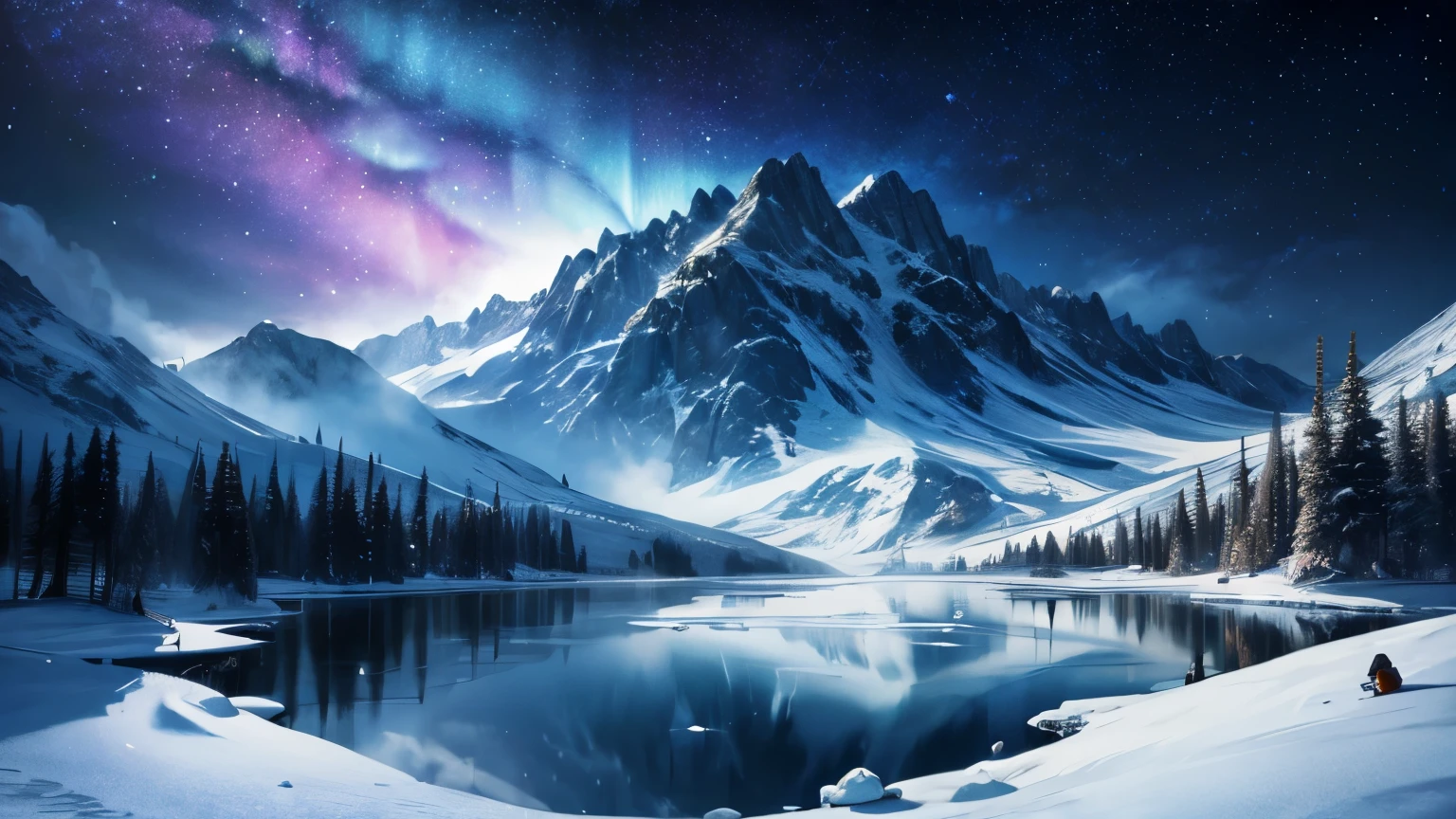 starry night, (rhyme),aurora, Towering snow-capped mountains々, bonfire,A huge treehouse in the middle of a winter forest,Frozen branches are covered with frost。reindeer,Yukito,Sled,winter wonderland,Bright colors, cloud,mist,new moon,milky way, Subtle shades of blue,フロストmist,breathtaking scenery, Ice cliffs, frozen lake, Peakful, majestic beauty, ethereal glow, Miracle of nature, Peaceful solitude, Wonders of Heaven, Huge, Natural phenomena, Quiet night, Gentle reflection, twinkling stars, mysterious charm (best quality,4K,8K,Tall structures,master piece:1.2),super detailed,(Realistic,photoreali,Realisticな写真:1.37),HDR,hyper hd,Studio lighting,extreme details,Physically based rendering,Professional,Bright colors。