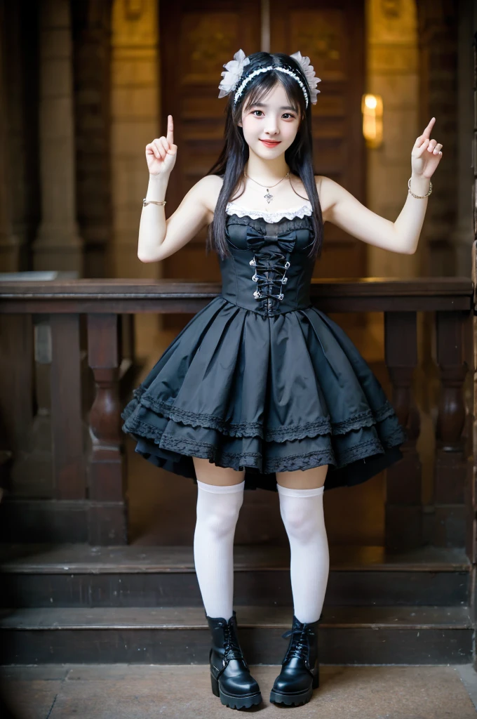 Super high quality, super high definition, super detailed, masterpiece, 25 years old, female, cute, nice body, gothic lolita clothes, gothic lolita fashion, frilly skirt, headdress, necklace, bracelet, knee-high socks, boots, double eyelids, tear bags, Detailed down to the fingers, photo-like description, indoors, dim indoor lighting, black hair, semi long, standing, whole body, composition that shows the whole body, smiling
