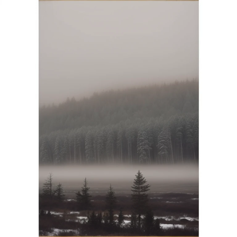 un primer plano de una pintura de un bosque con un cielo brumoso, Fondo de bosque brumoso, snow storm in the mountains, bosque gris en el fondo, Paisaje de taiga, bosque boreal, niebla espesa, fondo de bosque gris, cold fog, nevando en el bosque, bosque nevado, Archival pigment printing, Bosque brumoso, bosque nevado, ventisca de nieve en la pradera del bosque, Niebla gris