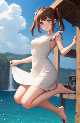 big jump in strong wind, She lifts up the under hem of her beige or white plain One-piece dress, leaning over, Climax, get ecstasy, masterpiece, very short pigtails,brown hair, Hair tie with two big red clothespins, mature, Female robot, android, blue eyes, full body figure, Height: 160cm, flushed cheeks, 2020s anime picture, missionary angle, A beautiful robot with short brown hair in two short pigtails held up by two very large huge red clothespins, Uplifting, No NSFW, whole body, barefoot, masturbate, Laughter, archaic smile, jumping orgasm, 25 years old, little bust, character sheet