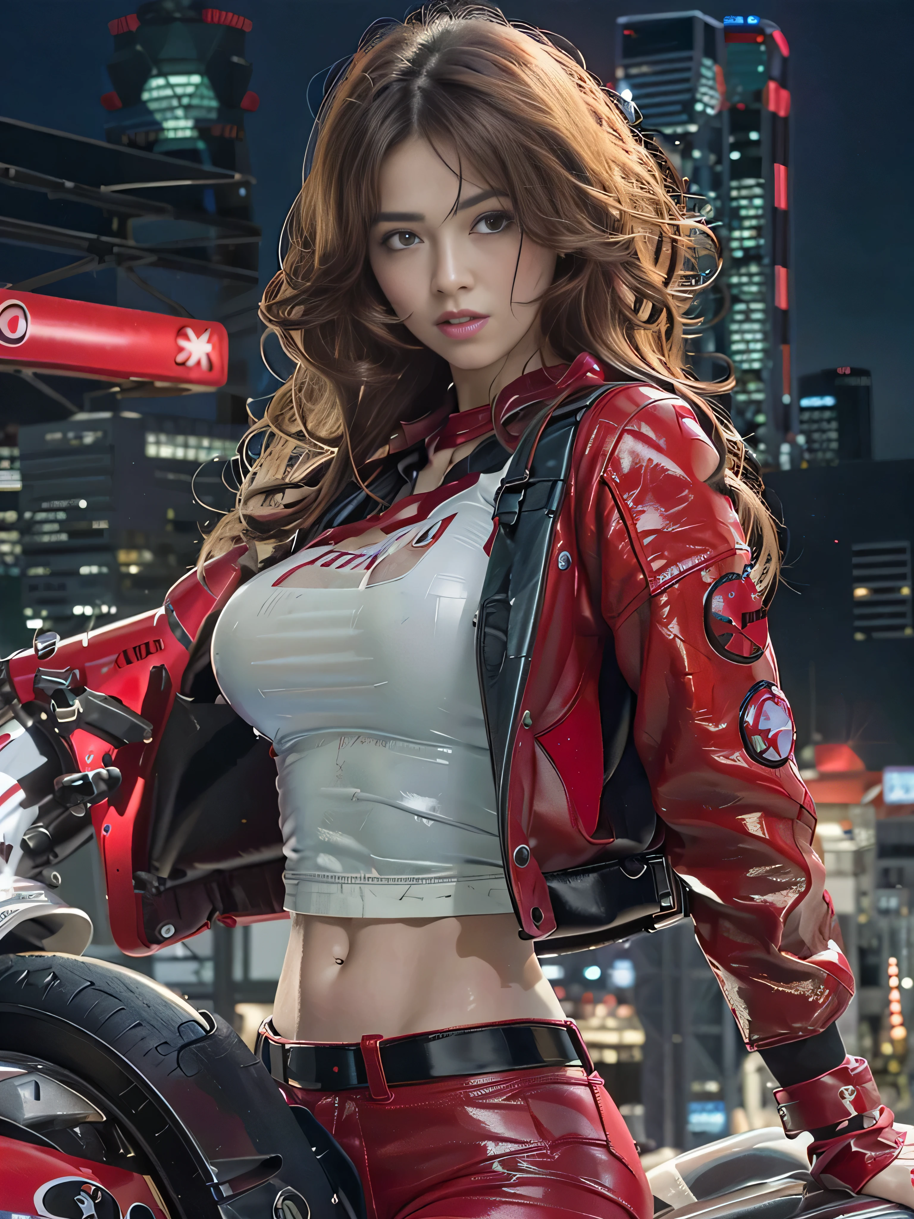 official art, highest quality, masterpiece, ultra high resolution, ((Photoreal:1.4)), RAW photo, ((Super realistic details)), portrait, global illumination, Shadow, octane rendering, 8K, super sharp, Asuka, Eva 02, 1 girl, 13 years, black hair, (long hair fluttering in the wind), Detailed facial depiction, Almond-shaped sky blue eyes, long eyelashes, glossy lips, Tsundere and playful look, (Red low-rise leather pants), (Pure White Cropped T-Shirt:1.4), (Underbust exposure), (Red Down Jacket:1.1), big breasts thin waist, (1 Akira Bike Red:1.4), night, Cyberpunk City View, (blurred background:1.4)
