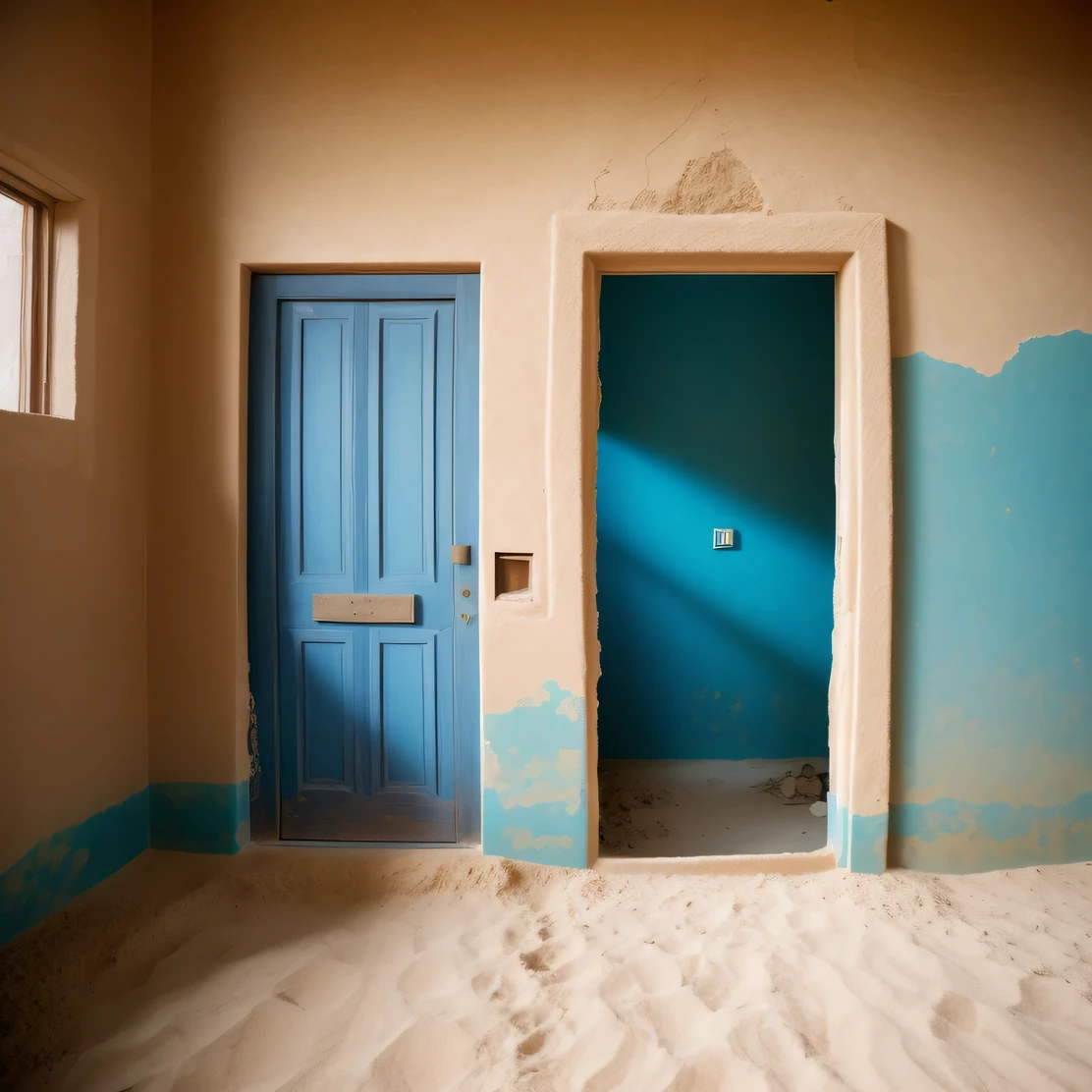 doorway leading to a room with sand and dirt on the floor, blue wall, surreal abandoned buildings, abandoned in a desert, falling sand inside, doors that are cosmic portals, abandoned places, full of sand and dust, portal to another world, sand - colored walls, doorways, abandoned spaces, surreal scene, somewhere in sands of the desert, national geographic photo”, abandoned, realistic, high definition high quality .