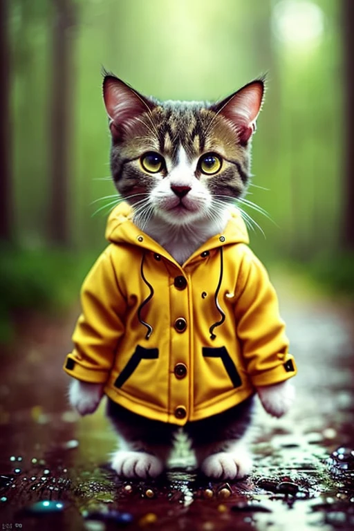 Fille, CircuitBoardAI, Petit mignon (heureux1.4) Chat novegien dans les bois (Robe Usure 1.3), Pluie, portrait, basculement, Bokeh d'arrière-plan