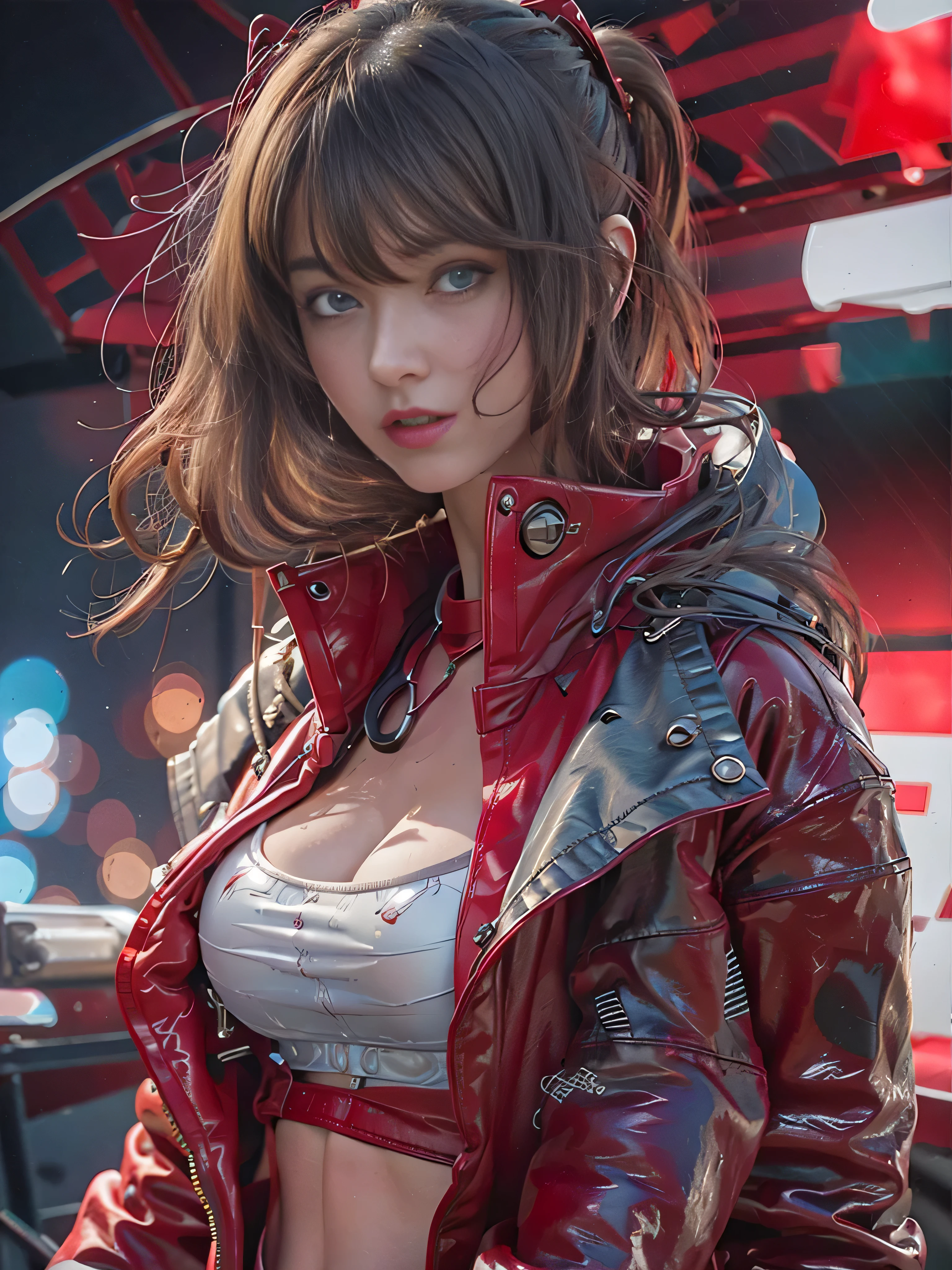 Official art, top-quality, ​masterpiece, 超A high resolution, (Photorealsitic:1.4), Raw photo, ((super realistic details)), portlate, globalillumination, Shadow, octan render, 8K, ultrasharp, Asuka, Eva 02, 1girl in, sixteen years old, Long hair swaying in the wind, detailed face details, Almond-shaped sky blue eyes, long eyeslashes, shiny lip, Tsundere and playful look, low rise jeans, Short white tank top, cleavage of the breast, big breasts thin waist, Red Down Jacket, Akira Bike Red, cycling, natta, Cyberpunk City View,
