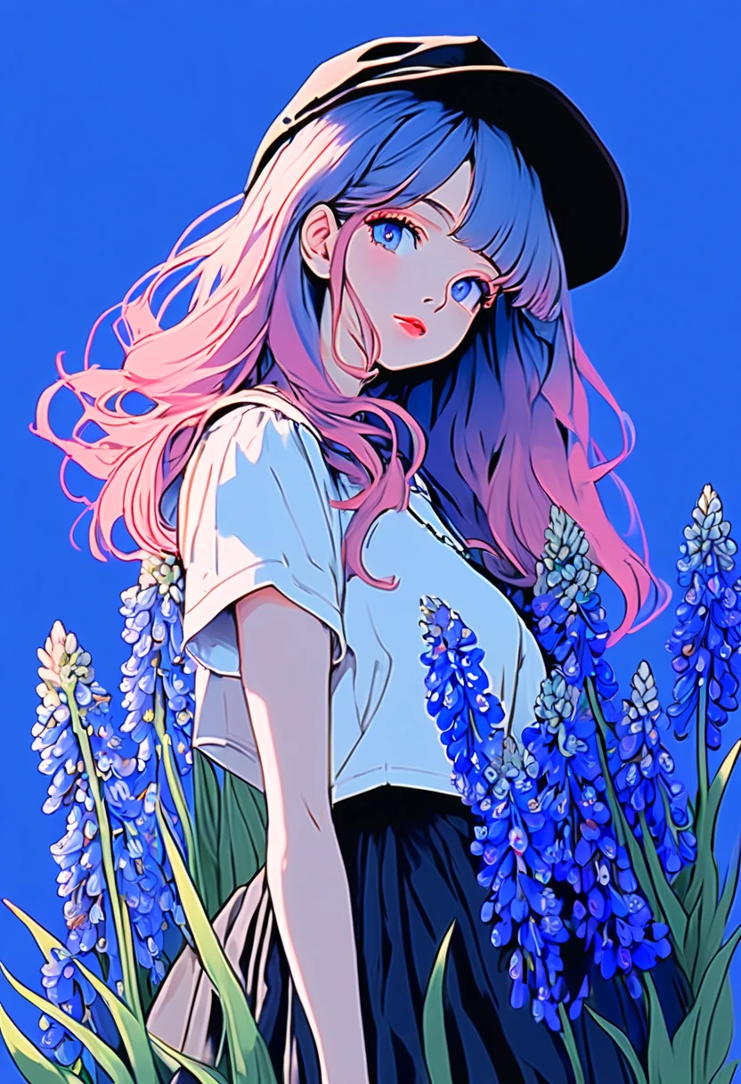 illustration style, anime , realistic ,sketch , 1 girl, ,lip, skirt,order, Blue gradient background, Neon Hair,textured crop, Canadian,muscari flower (masterpiece,highest quality)