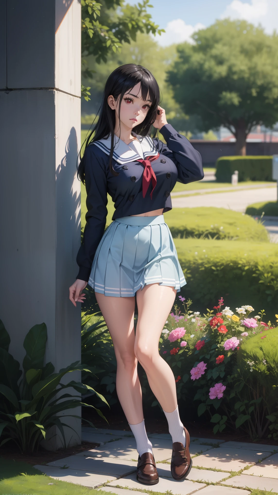 girl, solo, full body, from head to toe, (Huge_Breasts:1.2), beautiful body, perfect body, nice body,

mitsuki_nase, long hair, black hair, serafuku, red eyes

a cartoon anime woman dressed in school uniform standing in front of wall, 1girl, solo, school uniform, long hair, black hair, skirt, white background, socks, simple background, full body, in school uniform, short skirt, mini skirt, from the side:1.2,

in garden, beautiful garden, full component background,

official art, extremely detailed CG unity 8k wallpaper, perfect lighting,Colorful, Bright_Front_face_Lightinasterpiece:1.0),(best_quality:1.0), ultra high res,4K,ultra-detailed, photography, 8K, HDR, highres, absurdres:1.2, Kodak portra 400, film grain, blurry background, bokeh:1.2, lens flare, (vibrant_color:1.2)
, (beautiful_face:1.5),(narrow_waist),