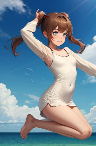 big jump in strong wind, She lifts up the under hem of her beige or white plain One-piece dress, leaning over, Climax, get ecstasy, masterpiece, very short pigtails,brown hair, Hair tie with two big red clothespins, mature, Female robot, android, blue eyes, full body figure, Height: 160cm, flushed cheeks, 2020s anime picture, missionary angle, A beautiful robot with short brown hair in two short pigtails held up by two very large huge red clothespins, Uplifting, No NSFW, whole body, barefoot, masturbate, Laughter, archaic smile, jumping orgasm, 25 years old, little bust, character sheet